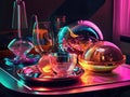 Futuristic still life with metallic objects and neon