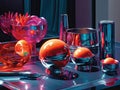 Futuristic still life with metallic objects and neon