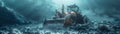 Futuristic stone loader in 3D style, working underwater, construction theme, copy space