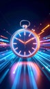 Futuristic stopwatch representing speed and urgency with abstract neon light motion Royalty Free Stock Photo