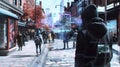 A futuristic street scene with holographic adver appearing to interact with passersby