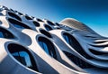 A futuristic striking architectural masterpiece, a concrete building with multiple waves, set in a modern urban landscape