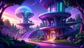 Futuristic structures in a vibrant, otherworldly forest. Two ta Royalty Free Stock Photo