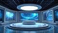 Futuristic studio set with glowing blue screens displaying data visualizations, global maps. Central circular platform dominates Royalty Free Stock Photo