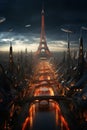 Futuristic Style Digital Technology City, Paris France. Perspective view with futuristic construction buildings. AI