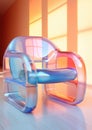 Futuristic stylish iridescent rainbow chair made of reflective plastic. Eco-friendly modern furniture made from recycled