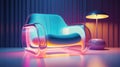 Futuristic stylish iridescent rainbow chair made of reflective plastic. Eco-friendly modern furniture made from recycled