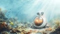 Futuristic submarine exploring colorful coral reef under sunlit ocean waters Royalty Free Stock Photo