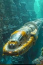 Futuristic Submarine Exploring an Underwater Canyon in a Misty Ocean Environment