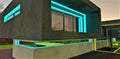 Futuristic suburban balcony illuminated in turquoise. Amazing starry night . 3d rendering