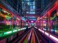 Futuristic subway train in neonlit city