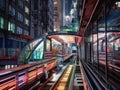 Futuristic subway train in neonlit city