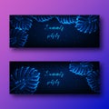 Futuristic summer party banners with glowing low poly tropical leaves monstera and text.