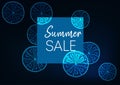 Futuristic summer sale web banner with glowing low poly lemon, square frame and text on dark blue