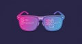 Futuristic sunglasses with a gradient pink and blue frame against a dark background. Royalty Free Stock Photo
