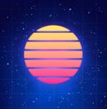 Futuristic sunset illustration in retro style. Vaporwave, synthwave abstract music banner or cover template with star