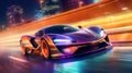 Futuristic Super Car on Neon Road, Acceleration, Neon Light Trails, Generative AI Royalty Free Stock Photo