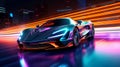 Futuristic Super Car on Neon Road, Acceleration, Neon Light Trails, Generative AI Royalty Free Stock Photo