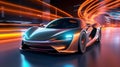 Futuristic Super Car on Neon Road, Acceleration, Neon Light Trails, Generative AI Royalty Free Stock Photo