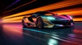 Futuristic Super Car on Neon Road, Acceleration, Neon Light Trails, Generative AI Royalty Free Stock Photo