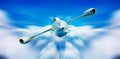 Futuristic supersonic jet airplane fly in clouds