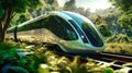 Futuristic supersonic train or hyperloop ultrasonic train capsule with fully activated automatic driving system in the city.