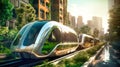 Futuristic supersonic train or hyperloop ultrasonic train capsule with fully activated automatic driving system in the city.