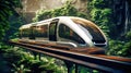 Futuristic supersonic train or hyperloop ultrasonic train capsule with fully activated automatic driving system in the city.