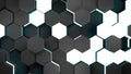 Futuristic surface with emission blue of black hexagonal abstract background. A rough surface polygon pattern like honeycomb