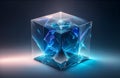 A futuristic and surreal neon glowing glass ice cube containing a frozen quantum computer. Perfect for technology, innovation, and