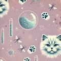 Futuristic Cat Science Pattern with Paw Prints and Lab Elements Royalty Free Stock Photo