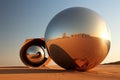 Futuristic Surreal spheres in yard of futuristic building. Generate ai