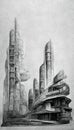 Futuristic surreal urban modern architecture pencil drawing style. Fantasy alien city