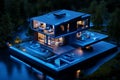A futuristic surveillance system where holographic screens display real-time video feeds from various parts of the home