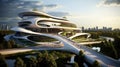 Futuristic sustainable complex office building for green economy comeliness