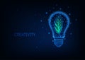 Futuristic sustainable energy concept with glowing low poly green leaf inside of electric light bulb Royalty Free Stock Photo