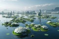 Futuristic Sustainable Floating Habitats on Peaceful Waters at Dawn