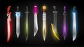 Futuristic sword. Fantasy metal blade knife, scifi ninja soldier weapon and neon glowing swords vector set Royalty Free Stock Photo