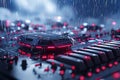 Futuristic Synth Keyboard in Digital Rain Red Glowing Lights, Dark Background
