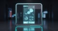 Futuristic tablet with blue light interface displaying data analytics dashboard icons on black reflective surface Royalty Free Stock Photo