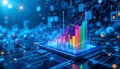 Futuristic tablet data analytics visualization with colorful bar charts emerging from a tablet. infographic design, mobile