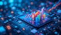 Futuristic tablet data analytics visualization with colorful bar charts emerging from a tablet. infographic design, mobile