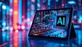 Futuristic tablet with digital energy explosion. advanced technology, artificial intelligence, and data connectivity. A high-tech