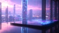Futuristic Tablet Displaying Cityscape At Sunset Royalty Free Stock Photo