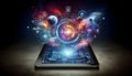 Futuristic tablet displaying cosmic interface with planetary elements. Royalty Free Stock Photo