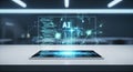 Futuristic tablet displays glowing ai interface with data streams and network connections Royalty Free Stock Photo