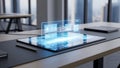 Futuristic Tablet with Holographic Data Interface in Modern Office Royalty Free Stock Photo