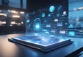 futuristic tablet with an interactive holographic screen