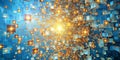 Futuristic Tapestry A Vision of Luminescent Amber and Azure Squares Across a Scattered Sky Blue Canvas AI Generative