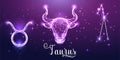 Futuristic Taurus zodiac sign on dark purple background. Glowing low polygonal design vector. Royalty Free Stock Photo